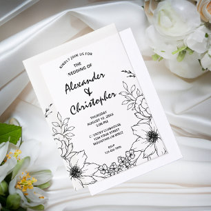 Modern Elegant Black Botanical Floral Wedding Vellum Invitations