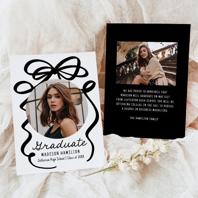 Modern Elegant Black Bow 2 Photo Graduation Announcement (Creator Uploaded)