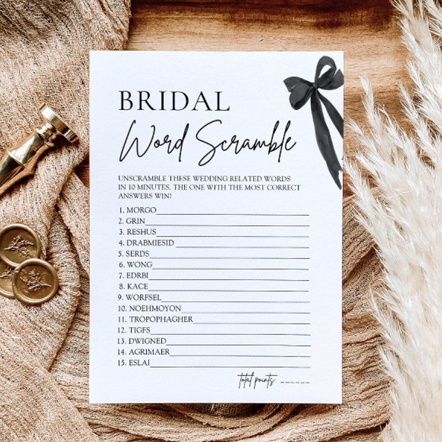 Modern Elegant Black Bow Bridal Word Scramble Game Invitation (Creator Uploaded)