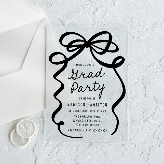Modern Elegant Black Bow Graduation Party Acrylic Invitations (Creator Uploaded)