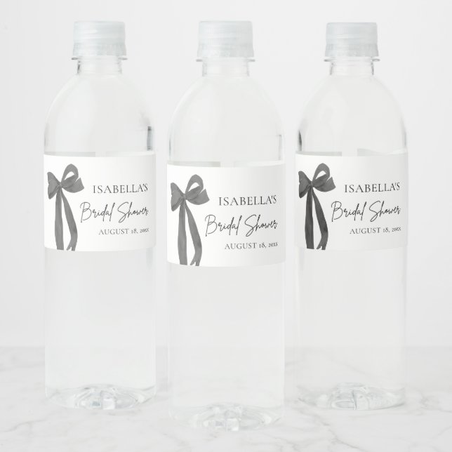 Modern Elegant Black Bow Ribbon Bridal Shower Water Bottle Label (Bottles)