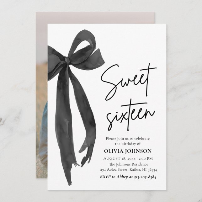 Modern Elegant Black Bow Sweet 16 Birthday Party Invitation (Front/Back)
