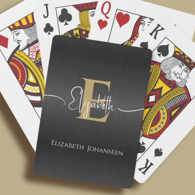 Modern Elegant Black Brushed Metal Gold Monogram Playing Cards (Creator Uploaded)