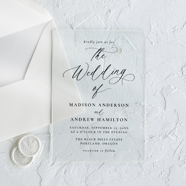 Modern Elegant Black Calligraphy Wedding Acrylic Invitations (Creator Uploaded)