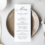 Modern Elegant Black Calligraphy Wedding Menu<br><div class="desc">Elevate your wedding table settings with this elegant menu card featuring the word "Menu" in graceful black calligraphy on a crisp white background. Perfect for weddings in any season and suitable for both formal and casual celebrations, this modern design allows couples to personalise the card with their names, wedding date,...</div>
