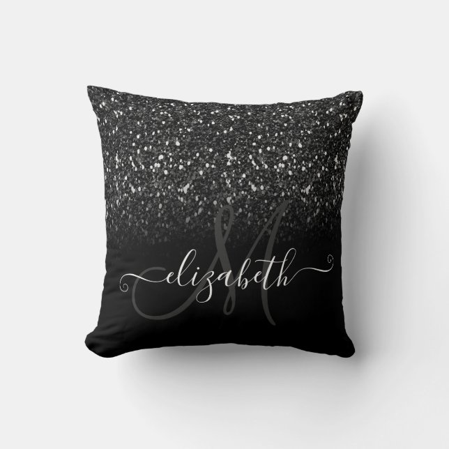 Modern Elegant Black Glitter Monogram Cushion (Front)