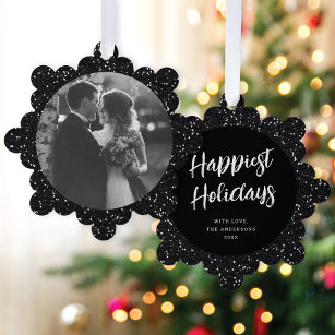 Modern Elegant Black Glitter Photo Christmas Tree Decoration Card