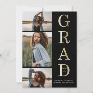 Modern Elegant Black Gold 3 Photo Graduation Announcement
