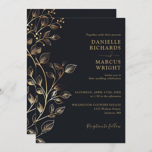 Modern Elegant Black Gold Floral Wedding Invitation (Front/Back)