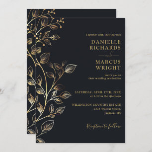 Modern Elegant Black Gold Floral Wedding Invitation