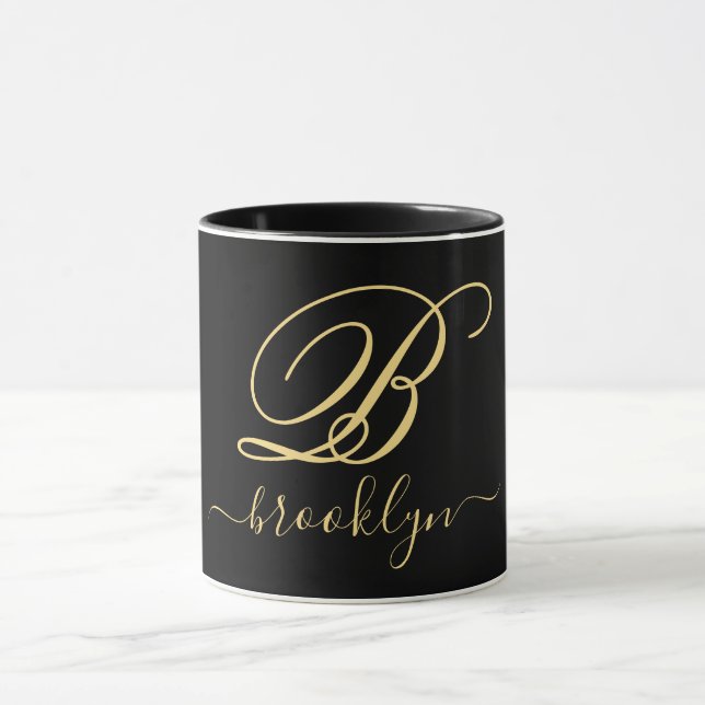 Modern Elegant Black Gold Handwritten Monogrammed Mug (Center)