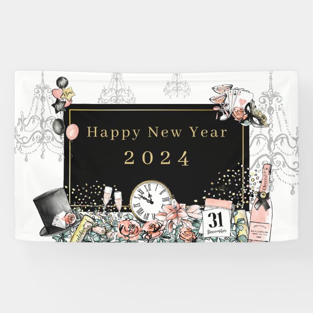 Modern Elegant Black Gold Happy New Year Party Banner (Horizontal)