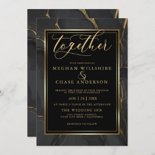 Modern Elegant Black Gold Marble BarefootBride™ Invitation