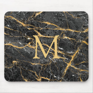 Modern Elegant Black Gold Marble Monogram Mouse Pad