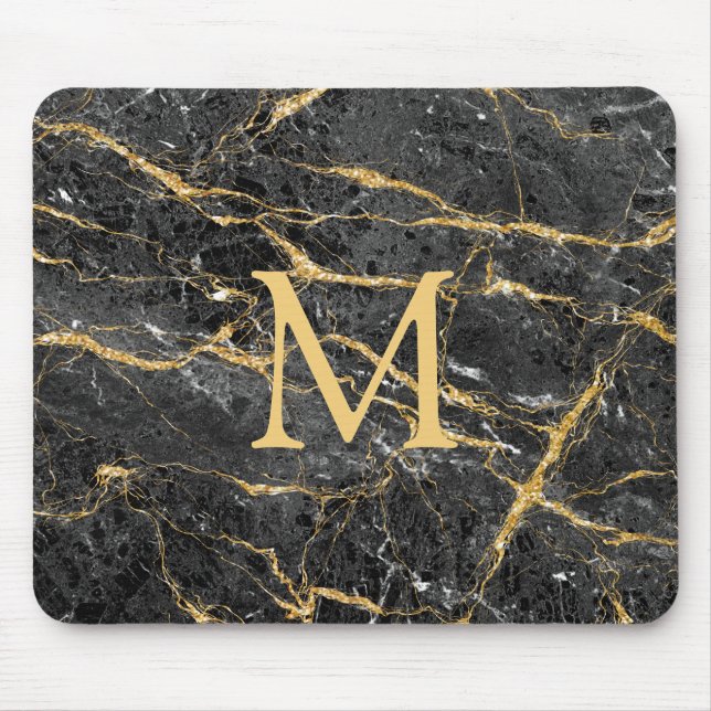 Modern Elegant Black Gold Marble Monogram Mouse Pad (Front)