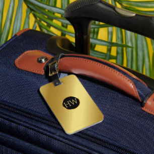 Modern Elegant Black Gold Metallic monogram Name Luggage Tag