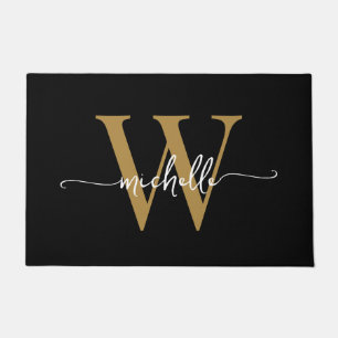 Modern Elegant Black Gold Monogram Name Script Doormat