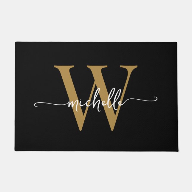 Modern Elegant Black Gold Monogram Name Script Doormat (Front)