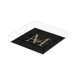 Modern Elegant Black Gold Monogram Script Chic Acrylic Tray