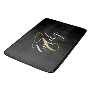Modern Elegant Black Gold Monogram Script Name Bath Mat