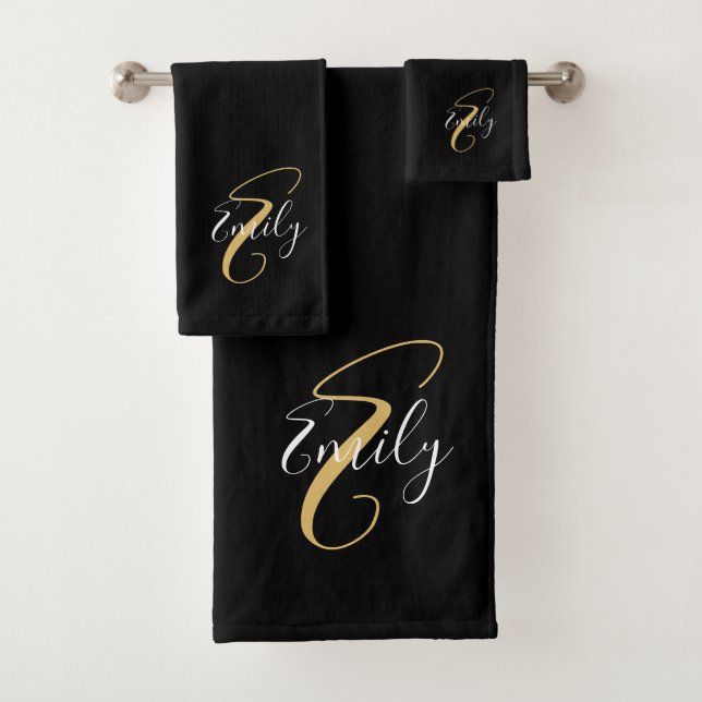 Modern Elegant Black Gold Monogram Script Name Bath Towel Set (Insitu)