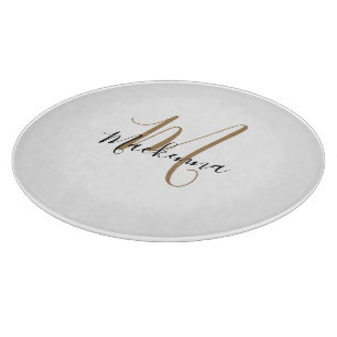 Modern Elegant Black Gold Monogram Script Name Cutting Board
