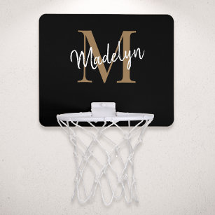 Modern Elegant Black Gold Monogram Script Name Mini Basketball Hoop