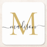 Modern Elegant Black Gold Monogram Script Name Square Paper Coaster<br><div class="desc">Elegant Modern Personalised Black Gold  Monogram Script Name Initial Paper Coaster</div>