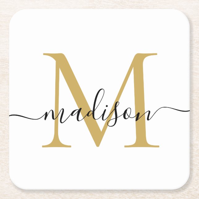 Modern Elegant Black Gold Monogram Script Name Square Paper Coaster (Front)