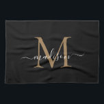 Modern Elegant Black Gold Monogram Script Name Tea Towel<br><div class="desc">Modern Elegant Black Gold Monogram Script Name Kitchen Towel</div>