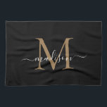 Modern Elegant Black Gold Monogram Script Name Tea Towel<br><div class="desc">Modern Elegant Black Gold Monogram Script Name Kitchen Towel</div>