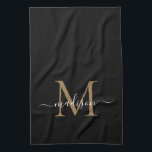 Modern Elegant Black Gold Monogram Script Name Tea Towel<br><div class="desc">Modern Stylish Elegant Black Gold Monogram Script Name Kitchen Towel</div>