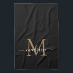 Modern Elegant Black Gold Monogram Script Name Tea Towel<br><div class="desc">Modern Stylish Elegant Black Gold Monogram Script Name Kitchen Towel</div>