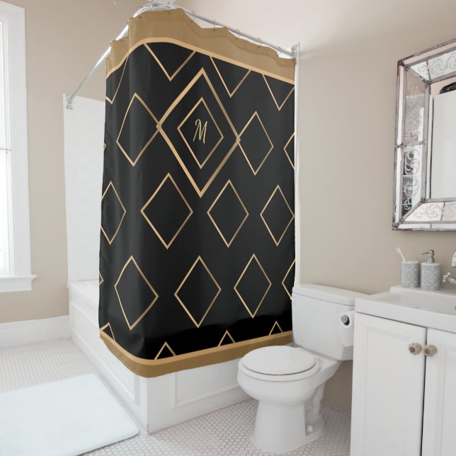 Modern Elegant Black Gold Monogram Stylish  Shower Curtain (In Situ)