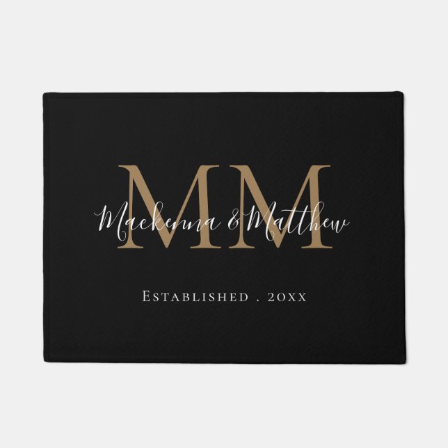 Modern Elegant Black Gold Newlywed Monogram Name Doormat (Front)