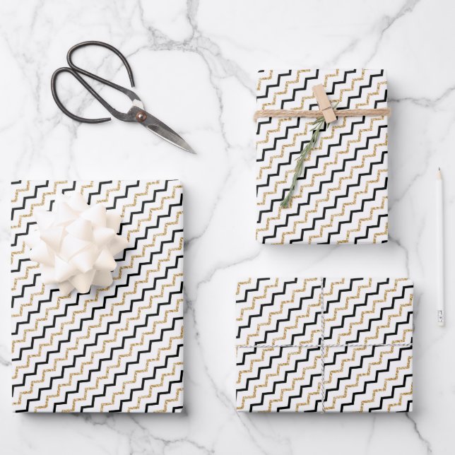 Modern Elegant Black Gold Zig Zag Chevron Wrapping Paper Sheet (Front)
