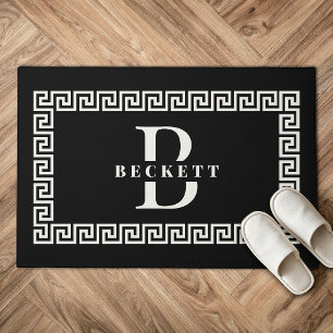 Modern Elegant Black Greek Key Frame Monogram Doormat