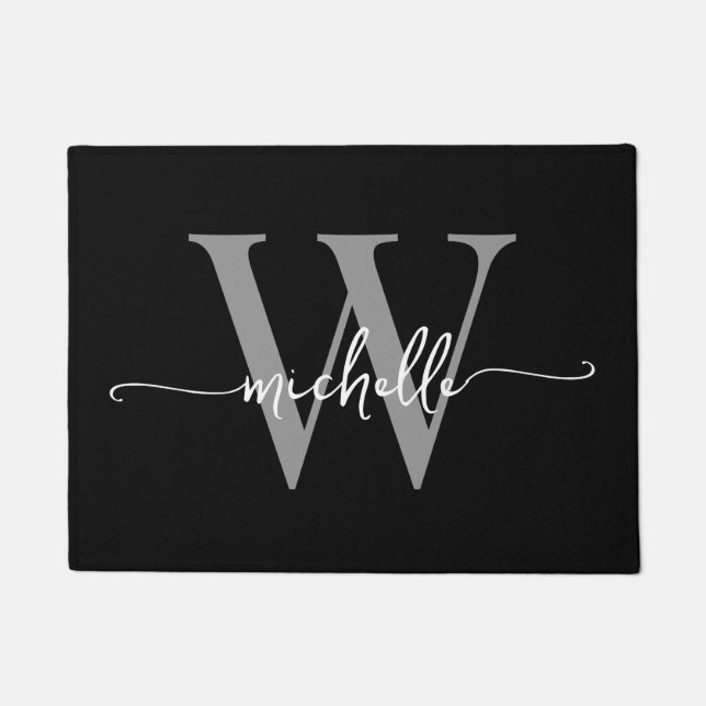 Modern Elegant Black Grey Monogram Name Script Doormat (Front)