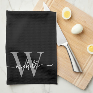 Modern Elegant Black Grey Monogram Name Script Tea Towel