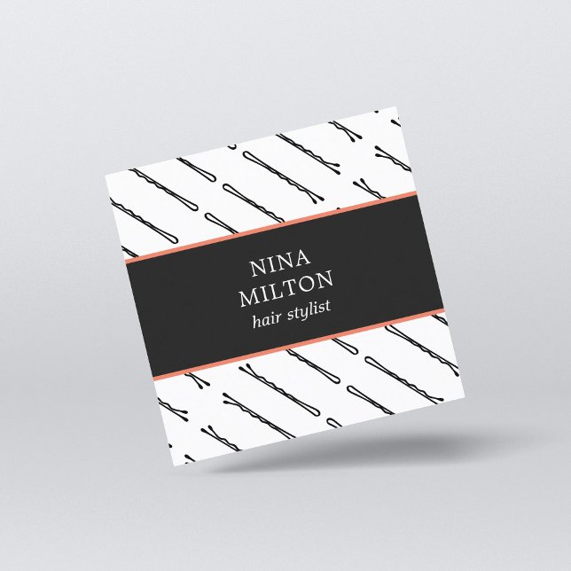 Modern Elegant Black Hair Pins Stylist Square Business Card (Creator Uploaded)