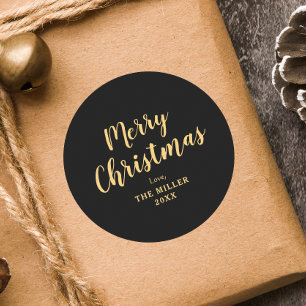 Modern Elegant Black Merry Christmas Family Classic Round Sticker