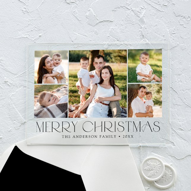 Modern Elegant Black Merry Christmas Photo Collage Acrylic Invitations (Creator Uploaded)