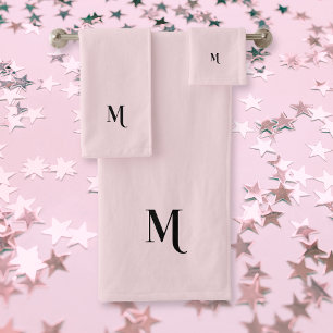 Modern Elegant Black Monogram Initial Pastel Pink Bath Towel Set