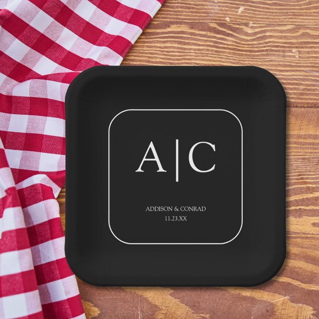  Modern Elegant Black Monogram Wedding Square Paper Plate (Creator Uploaded)