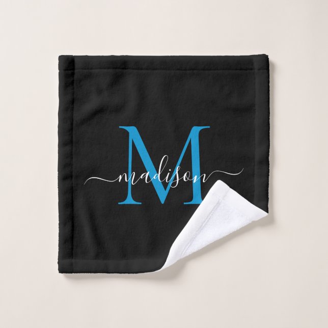 Modern Elegant Black Ocean Blue Monogram Script Wash Cloth (Wash Cloth)