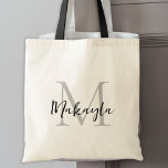 Modern Elegant Black Personalised Monogram Tote Bag<br><div class="desc">This modern and elegant tote bag features a stylish monogram and name in script typography. It is easily customisable and will make a great gift for your wedding party,  maid of honour,  bridesmaids,  mothers of the bride and groom,  and flower girl will all appreciate this thoughtful present.</div>