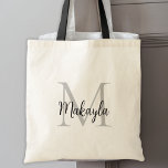 Modern Elegant Black Personalised Monogram Tote Bag<br><div class="desc">This modern and elegant tote bag features a stylish monogram and name in script typography. It is easily customisable and will make a great gift for your wedding party,  maid of honour,  bridesmaids,  mothers of the bride and groom,  and flower girl will all appreciate this thoughtful present.</div>