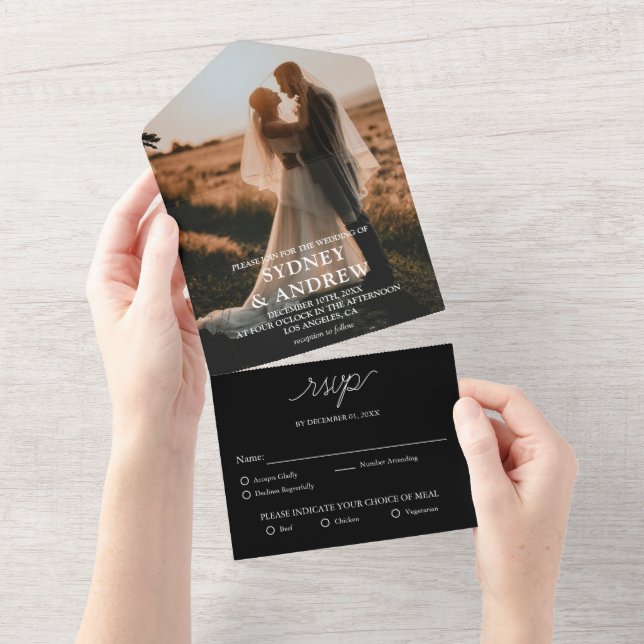 Modern Elegant Black Photo RSVP Wedding All In One Invitation (Tearaway)