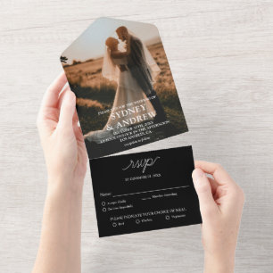 Modern Elegant Black Photo RSVP Wedding All In One Invitation