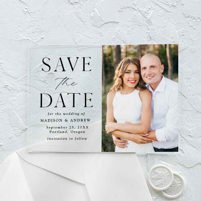 Modern Elegant Black Photo Save the Date Acrylic Invitations (Creator Uploaded)